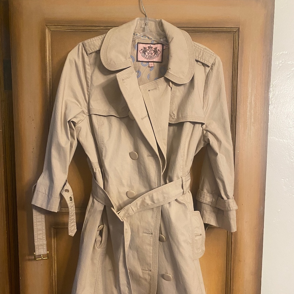 Juicy Couture Size L Women's Khaki Ruffle Cuff Double Breasted Trench Coat